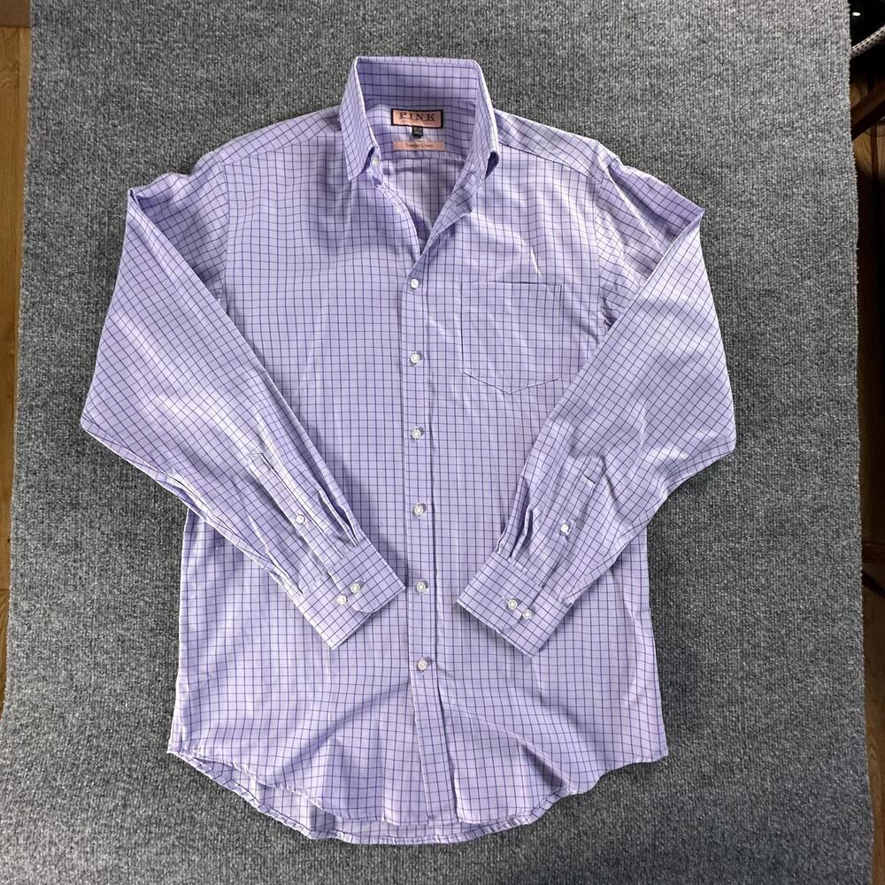 Thomas Pink Traveller Classic Shirt Mens 15.5 36 Purple Windowpane Cotton 608